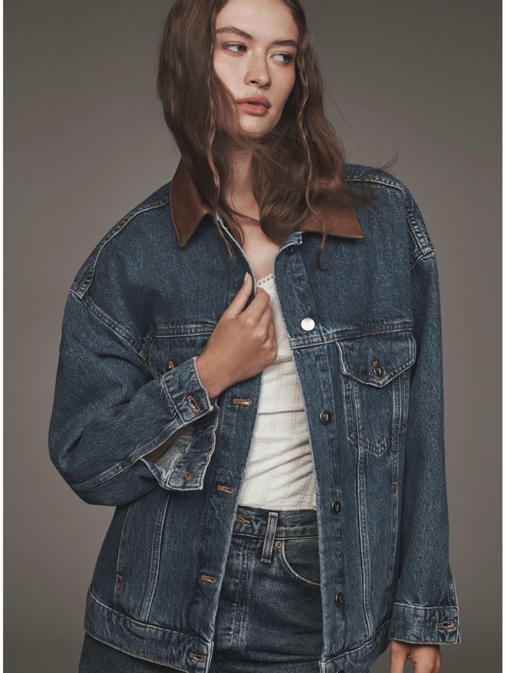 Pilcro / Anthropologie -The Weston Leather-Collar Denim Boyfriend Jacket- M -NWT